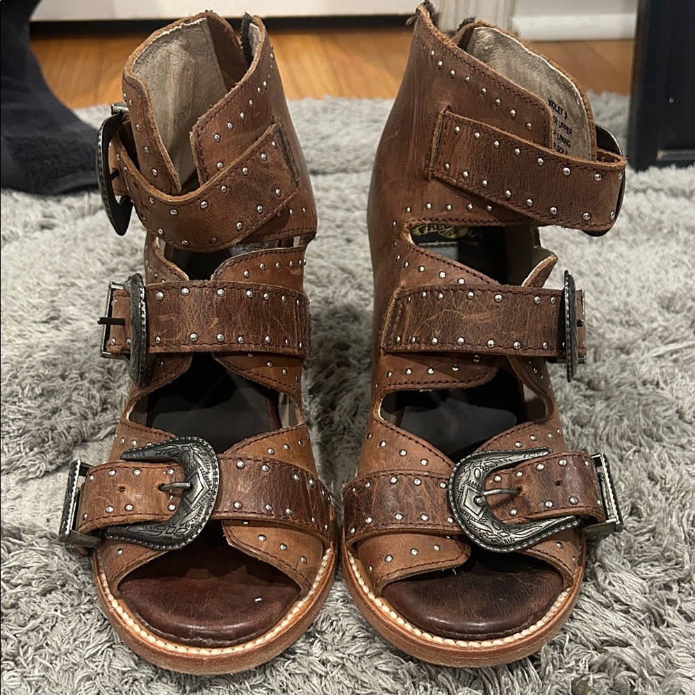 Freebird Brown Leather Sandals with Buckle Accents